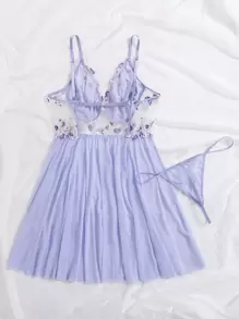 Plus Floral Embroidered Mesh Slips With Thong - Lilac Purple - View 2