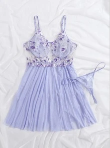 Plus Floral Embroidered Mesh Slips With Thong - Lilac Purple - View 3