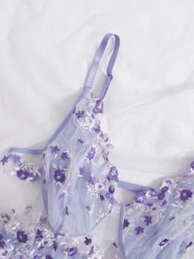 Plus Floral Embroidered Mesh Slips With Thong - Lilac Purple - View 4