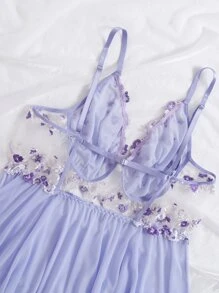 Plus Floral Embroidered Mesh Slips With Thong - Lilac Purple - View 5