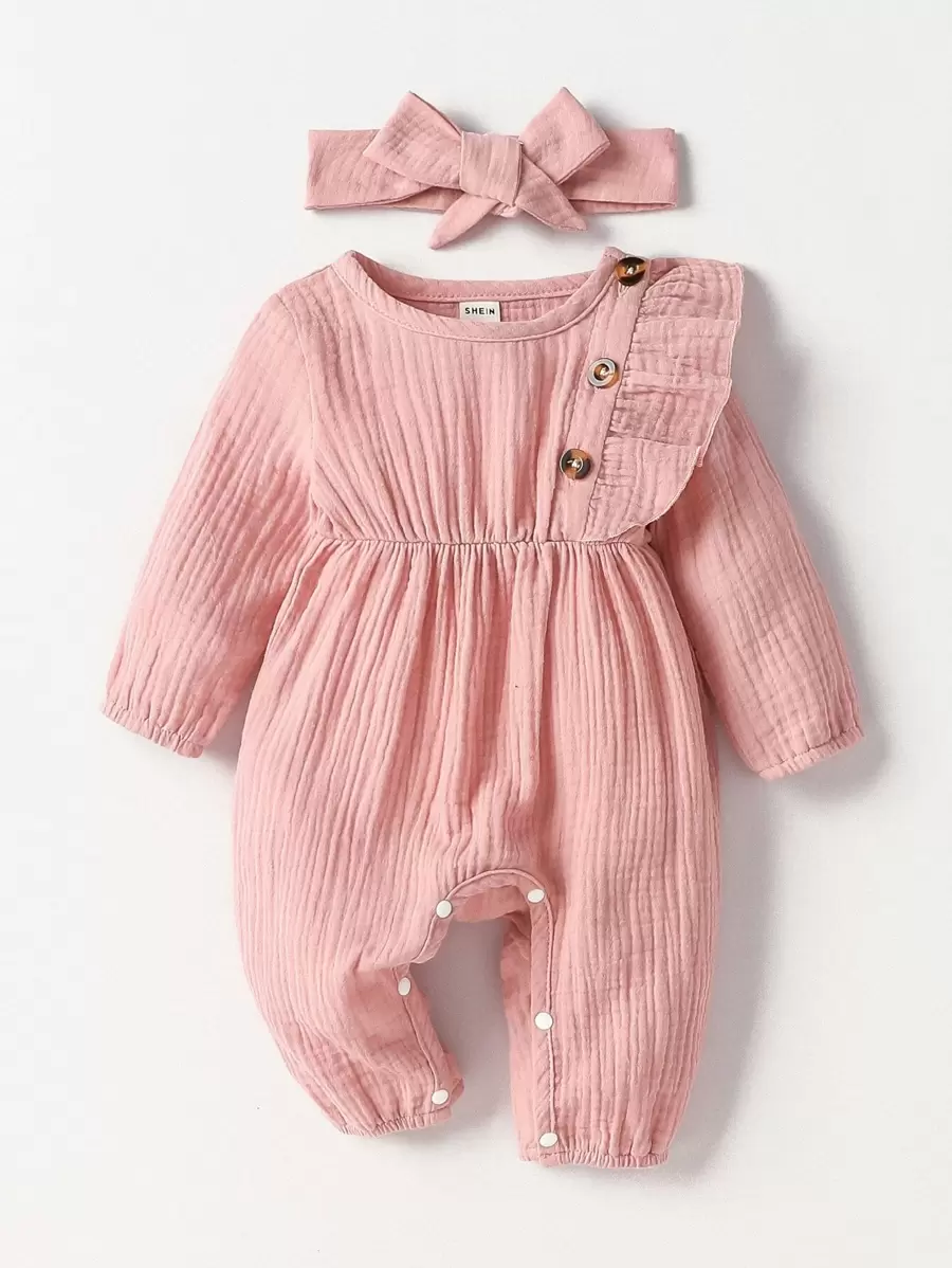 SHEIN Playful Pals 嬰兒女孩新生紋理細節荷葉邊連身衣連頭帶 - 藕粉色 - 查看 1