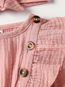 SHEIN Playful Pals 嬰兒女孩新生紋理細節荷葉邊連身衣連頭帶 - 藕粉色 - 查看 4