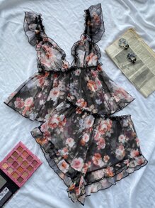 Bộ PJ trang trí hoa xà lách / Bộ đồ ngủ - màu đen - Xem 1