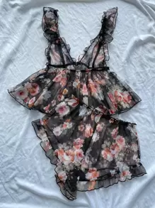 Bộ PJ trang trí hoa xà lách / Bộ đồ ngủ - màu đen - Xem 2