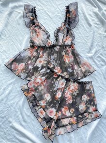 Bộ PJ trang trí hoa xà lách / Bộ đồ ngủ - màu đen - Xem 4