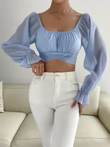 Chiquease Scoop Neck Flounce Sleeve Tie Back Crop Blouse,Long Sleeve Tops Fall Cloth For Women - Baby Blue - View 4