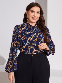 SHEIN Clasi 大碼腰帶圖案繫帶領燈籠袖襯衫 - 彩色 - 查看 3