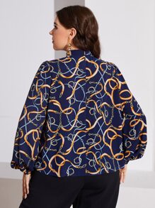 SHEIN Clasi 大碼腰帶圖案繫帶領燈籠袖襯衫 - 彩色 - 查看 4