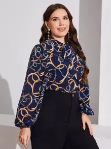 SHEIN Clasi 大碼腰帶圖案繫帶領燈籠袖襯衫 - 彩色 - 查看 1