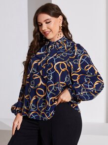 SHEIN Clasi 大碼腰帶圖案繫帶領燈籠袖襯衫 - 彩色 - 查看 2