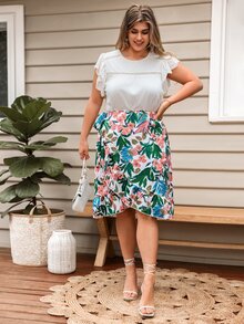 Falda cruzada con estampado tropical con nudo lateral ribete con fruncido - Multicolor - Ver 4