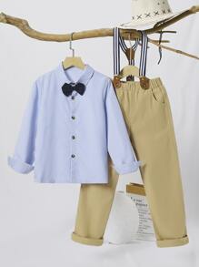 Boys Striped Bow Front Shirt & Suspender Trousers - Multicolor - View 1