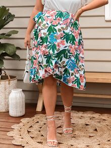 Falda cruzada con estampado tropical con nudo lateral ribete con fruncido - Multicolor - Ver 5