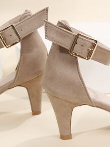 Women Cone Heeled Ankle Strap Sandals, Elegant Summer Faux Suede Heeled Sandals - Beige - View 2