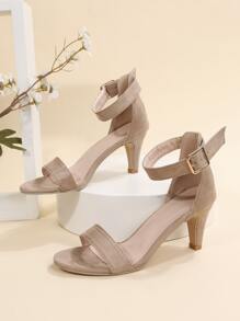 Women Cone Heeled Ankle Strap Sandals, Elegant Summer Faux Suede Heeled Sandals - Beige - View 4