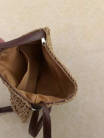 Tropiscape Patch Decor Straw Bag, Beach Essentials Women Bags For Vacation & Holiday Beach Autumn Christmas Christmas Winter Christmas Gifts New Year