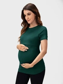 SHEIN Maternity Solid Nursing Tee - Dark Green - View 1