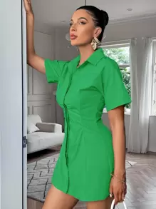 Aveloria Solid Ruched Front Shirt Dress Workwear Dresses For Women Elegant  - Green - View 4
