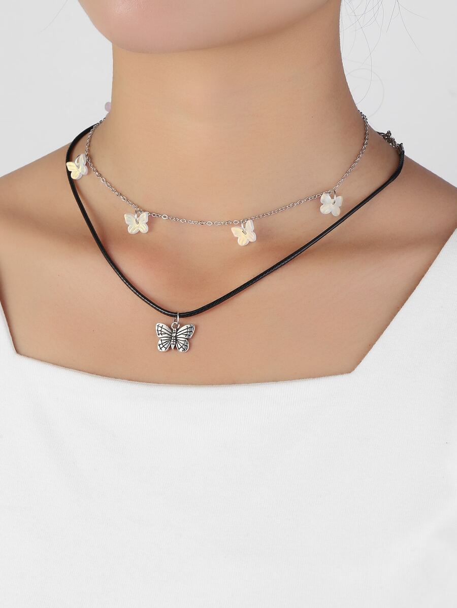 2pcs Butterfly Charm Necklace - Multicolor - View 1