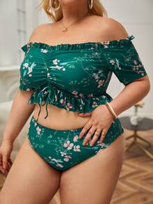 Plus Size Floral Print Frilled Drawstring Off Shoulder High Waist Bikini Set Summer Beach - Dark Green - View 3