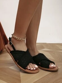 Braided Design Pom Pom Decor Slingback Sandals - Black - View 4