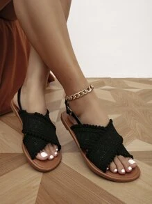 Braided Design Pom Pom Decor Slingback Sandals - Black - View 5