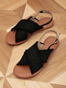 Braided Design Pom Pom Decor Slingback Sandals - Black - View 7