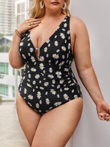 SHEIN Swim Curve Plus Floral Print Ruched Criss-cross Tie Backless One Piece Swimsuit - Multicolor - View 4