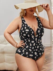 SHEIN Swim Curve Plus Floral Print Ruched Criss-cross Tie Backless One Piece Swimsuit - Multicolor - View 5