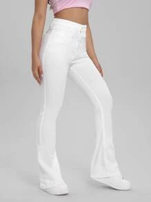 高腰漂白水洗牛仔喇叭褲 - 白色 - 查看 4