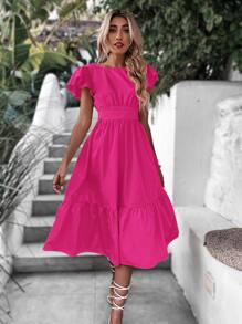 Butterfly Sleeve Tie Back Ruffle Hem Dress - Hot Pink - View 3