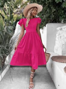Butterfly Sleeve Tie Back Ruffle Hem Dress - Hot Pink - View 5