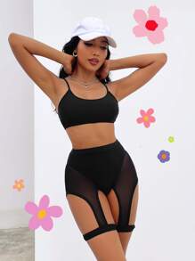 Contrast Mesh Cut Out Bikini - Black - View 1