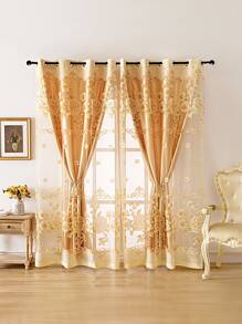 Flower Embroidered Single Panel Sheer Curtain - Yellow - View 1