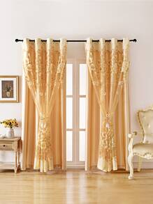 Flower Embroidered Single Panel Sheer Curtain - Yellow - View 3