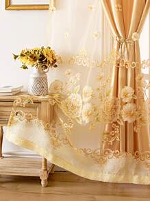 Flower Embroidered Single Panel Sheer Curtain - Yellow - View 4