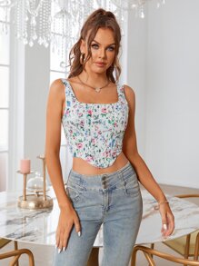 PARTHEA Ditsy Floral Print Hanky Hem Zip Back Corset Tank Top