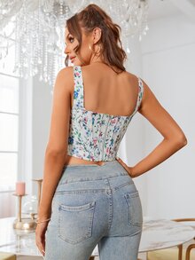 PARTHEA Ditsy Floral Print Hanky Hem Zip Back Corset Tank Top