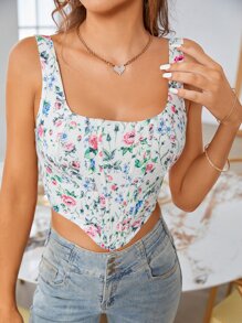 PARTHEA Ditsy Floral Print Hanky Hem Zip Back Corset Tank Top