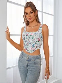 PARTHEA Ditsy Floral Print Hanky Hem Zip Back Corset Tank Top
