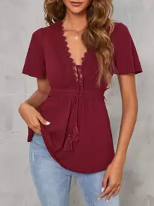 SHEIN Clasi Áo thun nữ Tương phản ren mép Thắt nơ trước màu trơn Boho - Màu Tím - Xem 1