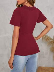 SHEIN Clasi Áo thun nữ Tương phản ren mép Thắt nơ trước màu trơn Boho - Màu Tím - Xem 2