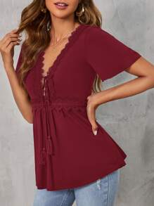 SHEIN Clasi Áo thun nữ Tương phản ren mép Thắt nơ trước màu trơn Boho - Màu Tím - Xem 3