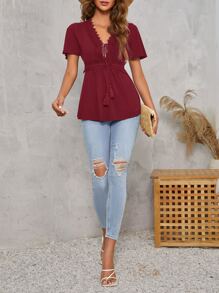 SHEIN Clasi Áo thun nữ Tương phản ren mép Thắt nơ trước màu trơn Boho - Màu Tím - Xem 4
