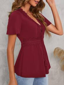 SHEIN Clasi Áo thun nữ Tương phản ren mép Thắt nơ trước màu trơn Boho - Màu Tím - Xem 5