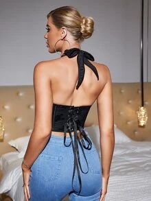 Corsé con patrón floral con cordón de espalda abierta halter sobre busto - Negro - Ver 2