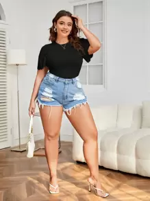 SHEIN Clasi 大碼泡泡袖網眼刺繡T恤