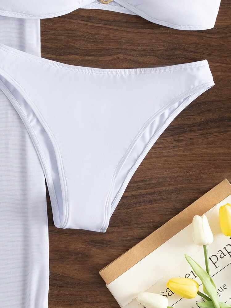 SHEIN Swim Bộ bikini mono đi biển mùa hè Bộ áo ngực băng đô chữ U & Quần bikini & Quần đi biển Bikini 3 mảnh - trắng - Xem 6