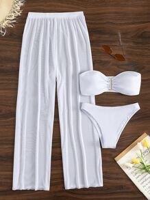 SHEIN Swim Bộ bikini mono đi biển mùa hè Bộ áo ngực băng đô chữ U & Quần bikini & Quần đi biển Bikini 3 mảnh - trắng - Xem 7
