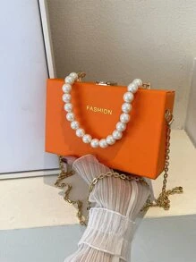 1pc Women's Fashionable Orange Faux Pearl Handle Small Square Bag With Chain Strap, Rose Red Pu Box Shaped Bag, Embossed Letter Design With Lock Closure, Suitable For Gift - Burnt Orange - View 3